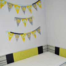 Yellow gray lime green navy blue and black baby nursery crib bedding with homemade felt wall banner