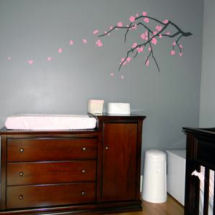 Cherry tree branch baby nursery wall decals with pink blossoms