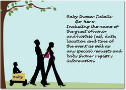 Pregnant mom and dad with baby graphics on a couples baby shower invitation