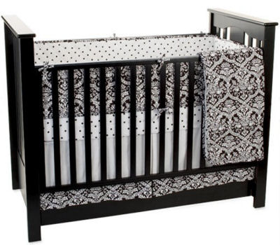 black and white baby nursery crib bedding set damask print polka dots crib sheet curtains
