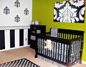 Black and white damask baby girl nursery with polka dots and stripes