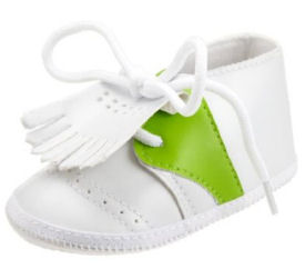 Green and white baby golf shoes match argyle baby golf clothes and apparel for a baby boy and pink is available for a girl
