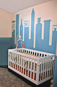 Modern City Skyline Wall Mural for a Baby Boy Cityscape Nursery Theme Room