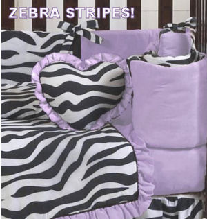 Black white and lavender purple zebra stripes baby crib bedding for a girl nursery