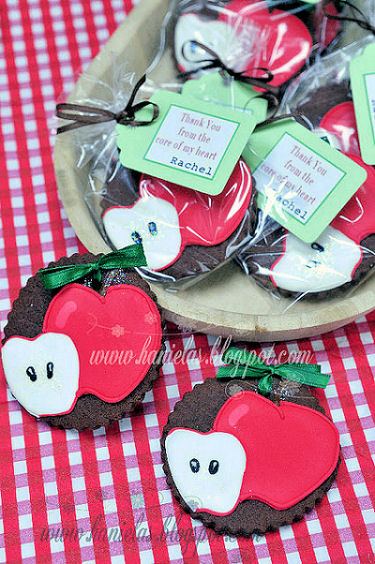 Fudge Cookies decorated with red apples with labels. Homemade party favors for an Apple of My Eye Baby Shower