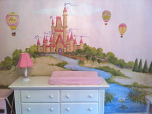 Painted princess castle theme wall mural with hot air balloons