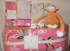 pottery barn kids pink and brown emmy monkey baby nursery crib bedding baby girl