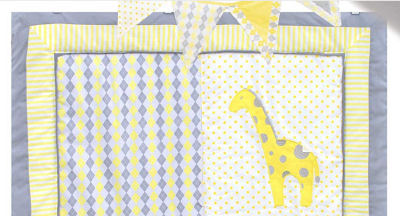 baby blue and yellow argyle baby nursery crib bedding set quilt with giraffe applique
