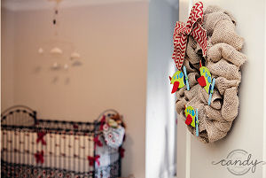 Airplane nursery door wreath made using burlap for a baby boy