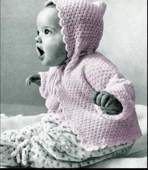Free hooded baby sweater knitting pattern with scalloped scallops edging border for an infant baby girl