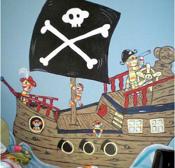 Baby sock monkey nursery wall mural painting for a baby boy pirate sock monkey theme room