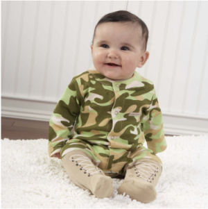 Mossy Oak Realtree camo baby clothes in green camouflage fabric