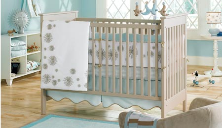 aqua baby contemporary modern baby nursery crib bedding set seals mobile white blue and brown 