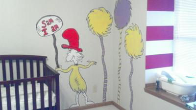 My baby boy's Dr Seuss theme nursery room with Lorax trees, Horton Hears a Who, I Am Sam, Cat in the Hat and Green Eggs and Ham that I painted on the walls myself 