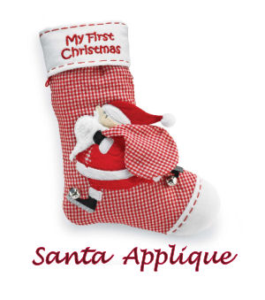 Red and white gingham baby first Christmas stocking with Santa Claus Applique pattern