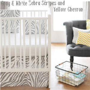 Gray zebra baby nursery bedding and decorating ideas with yellow and white chevron stripes pattern