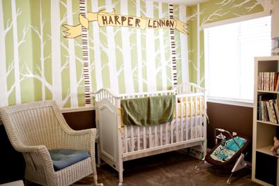 Lime Green and Brown Gender Neutral Nursery with Tree Wall Painting Technique