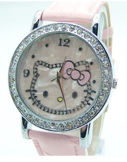 Hello Kitty wrist watch with pink band and faux diamonds around the face