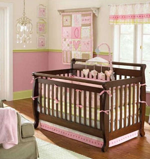 Vintage style baby girl soft pink and green nursery crib bedding set with hearts and flowers