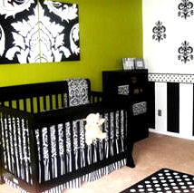 Black and white damask baby nursery bedding with lime green wall paint