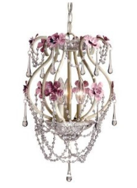 Shabby chic mini chandelier pendant light with teardrop shape crystal beads and flowered floral accents for a baby nursery room