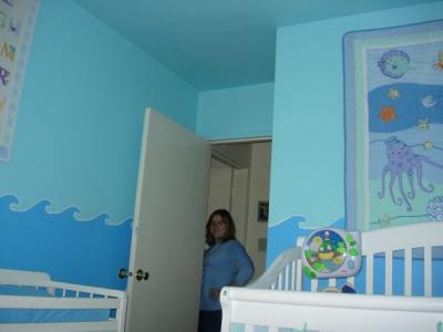 Ocean Theme Nursery Wall Mural Blue Purple and White Octopus Tropical Fish and More!