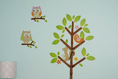 Tree Nursery Wall Decor with Squirrels and Baby Owls