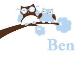 Brown and blue Happy Owls Personalized nursery wall decal for a baby boy