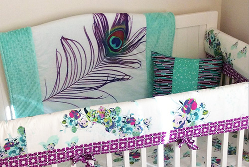 Purple teal aqua mint green peacock baby nursery crib bedding set for a girl