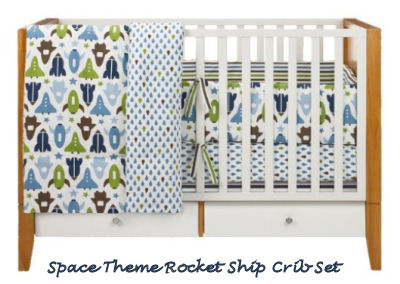 Navy blue and green baby boy space rocket ship nursery crib bedding set