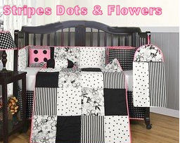 Black white and pink baby bedding sewed using stripes polka dots and floral fabrics