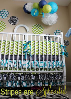 Neutral baby nursery with custom baby bedding set with chevron stripes and polka dots