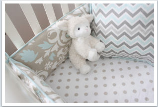 Taupe light baby blue and white custom crib bedding set