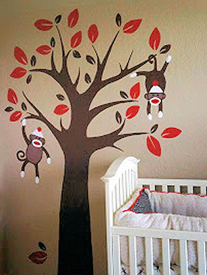 Custom hand painted tree and baby sock monkey nursery mural painting